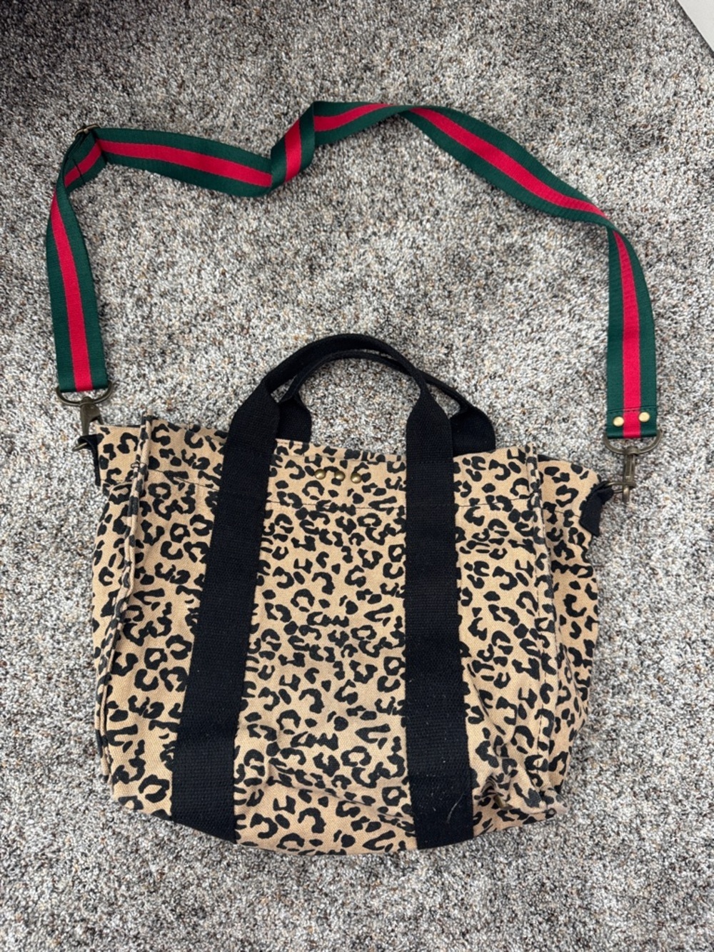 Leopard Print Crossbody Tote Bag with Green-Red Strap